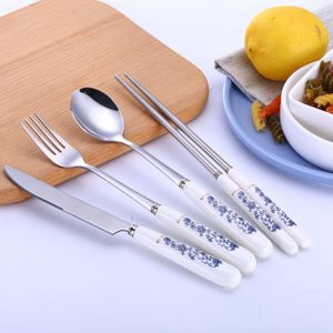 Blue and white porcelain patterned stainless steel cutlery set