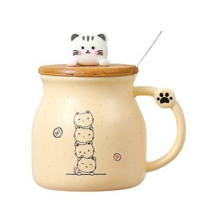 Cartoon wooden lid with spoon ceramic mug